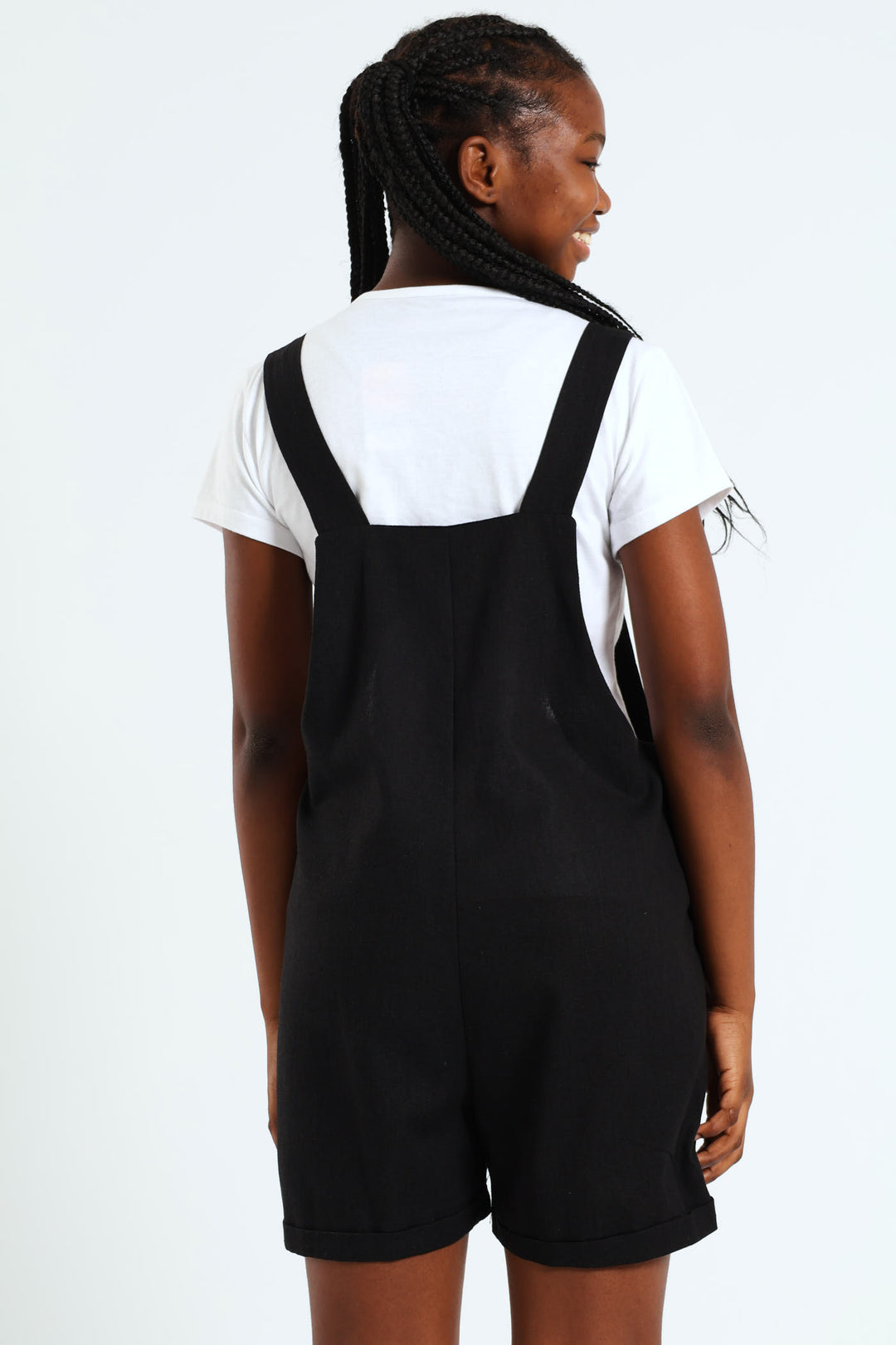 Girls Linen Dungaree - Black