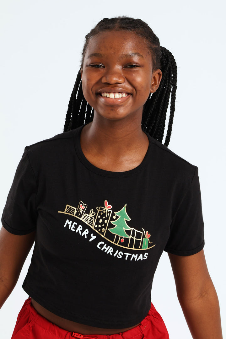 Girls Christmas Ringer Tee - Black