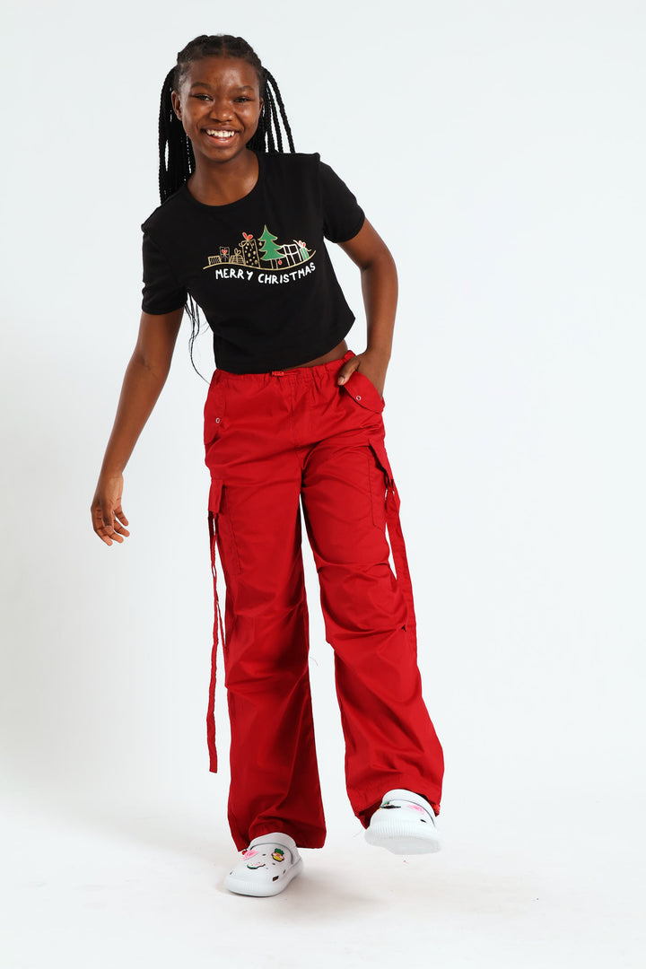 Girls Parachute Pants With Straps - Red