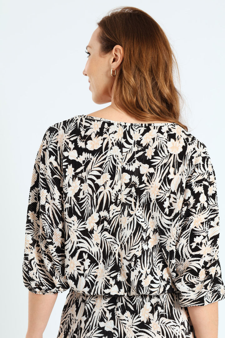 Dolman Plisse Blouse - Black/Cream