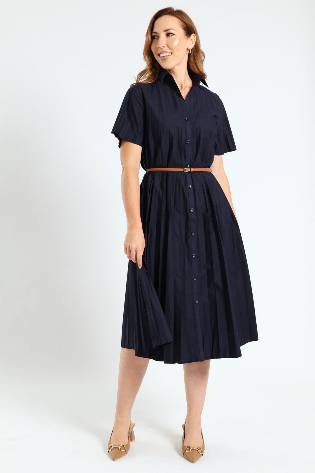 Pleated Button Through Dress - Blue