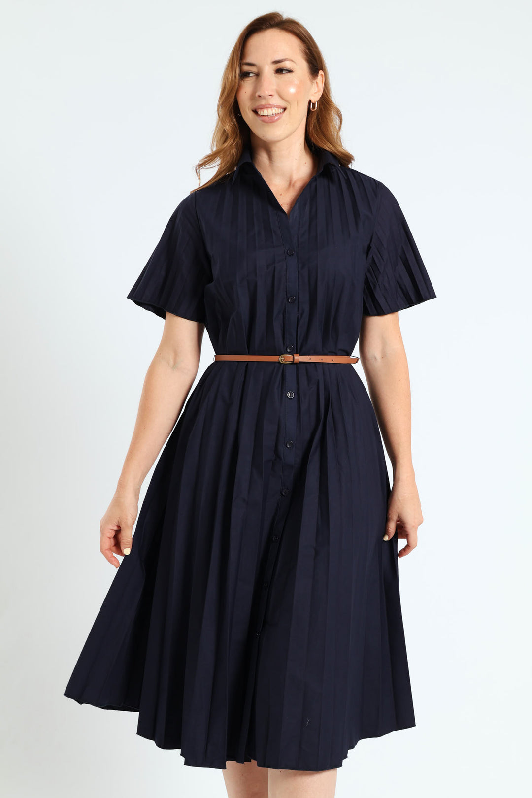 Pleated Button Through Dress - Blue