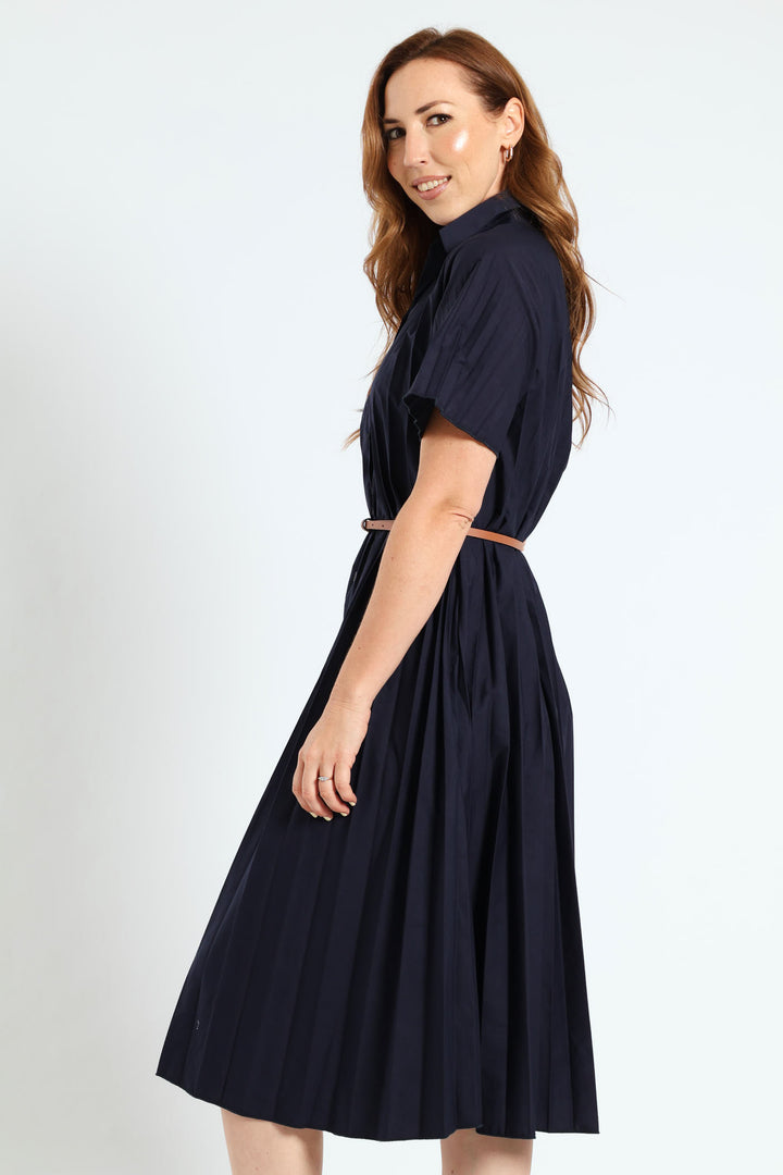 Pleated Button Through Dress - Blue