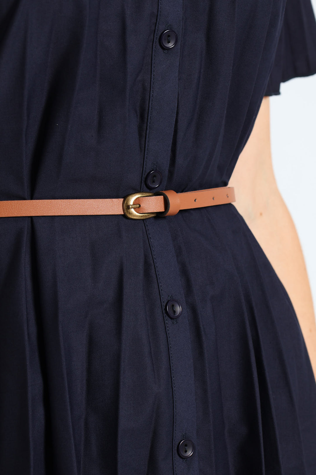 Pleated Button Through Dress - Blue