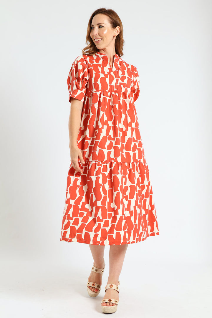 Mandarin Collar Tiered Midaxi Dress - Orange