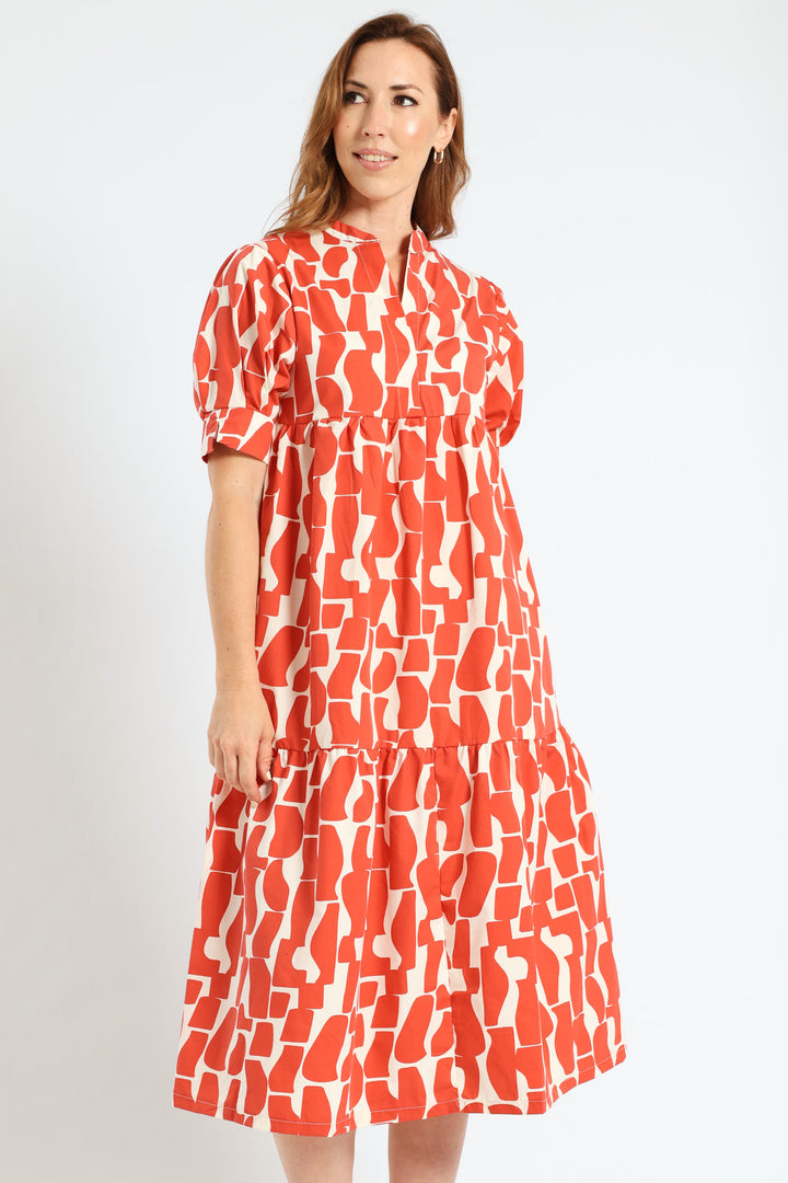 Mandarin Collar Tiered Midaxi Dress - Orange