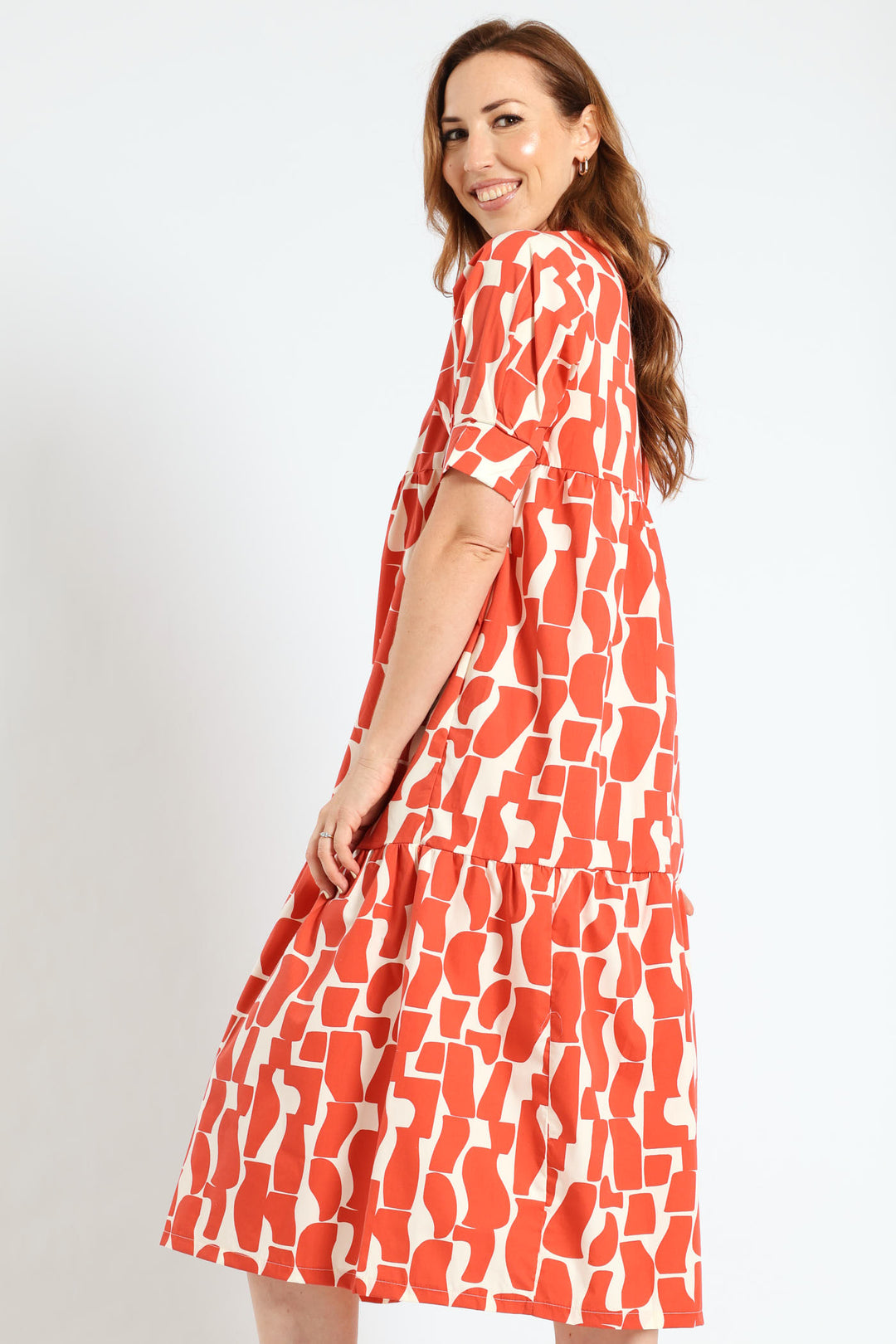 Mandarin Collar Tiered Midaxi Dress - Orange