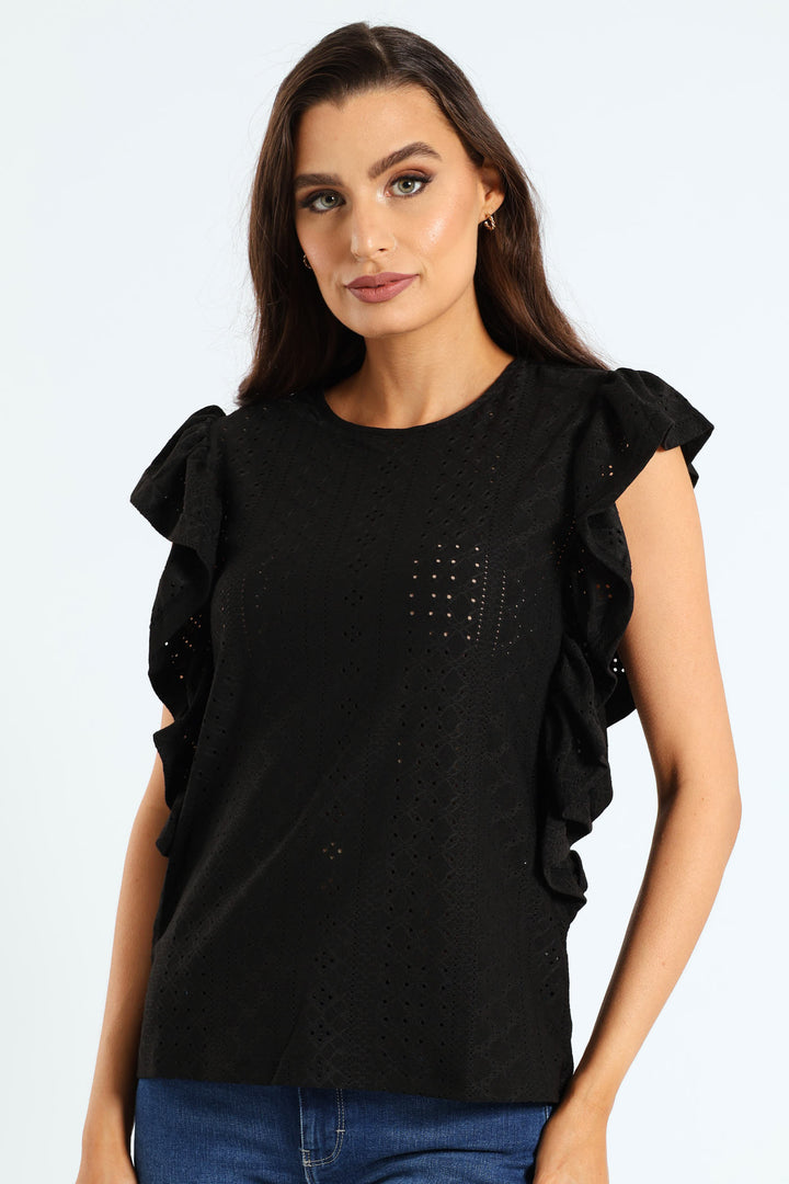 Ruffle Sleeve Top - Black