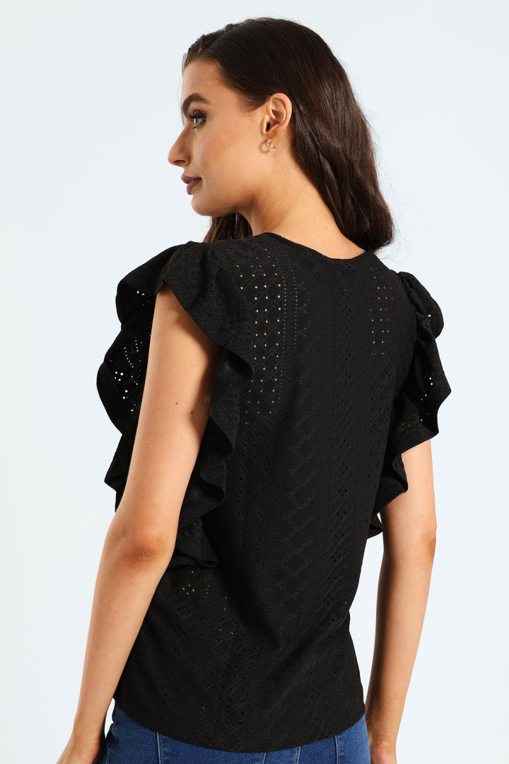 Ruffle Sleeve Top - Black