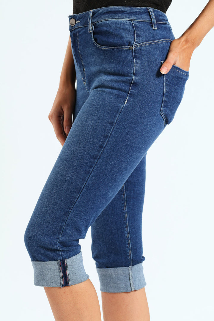 Turn Up Detail Mid Waist Peddle Pusher Denim - Mid Blue