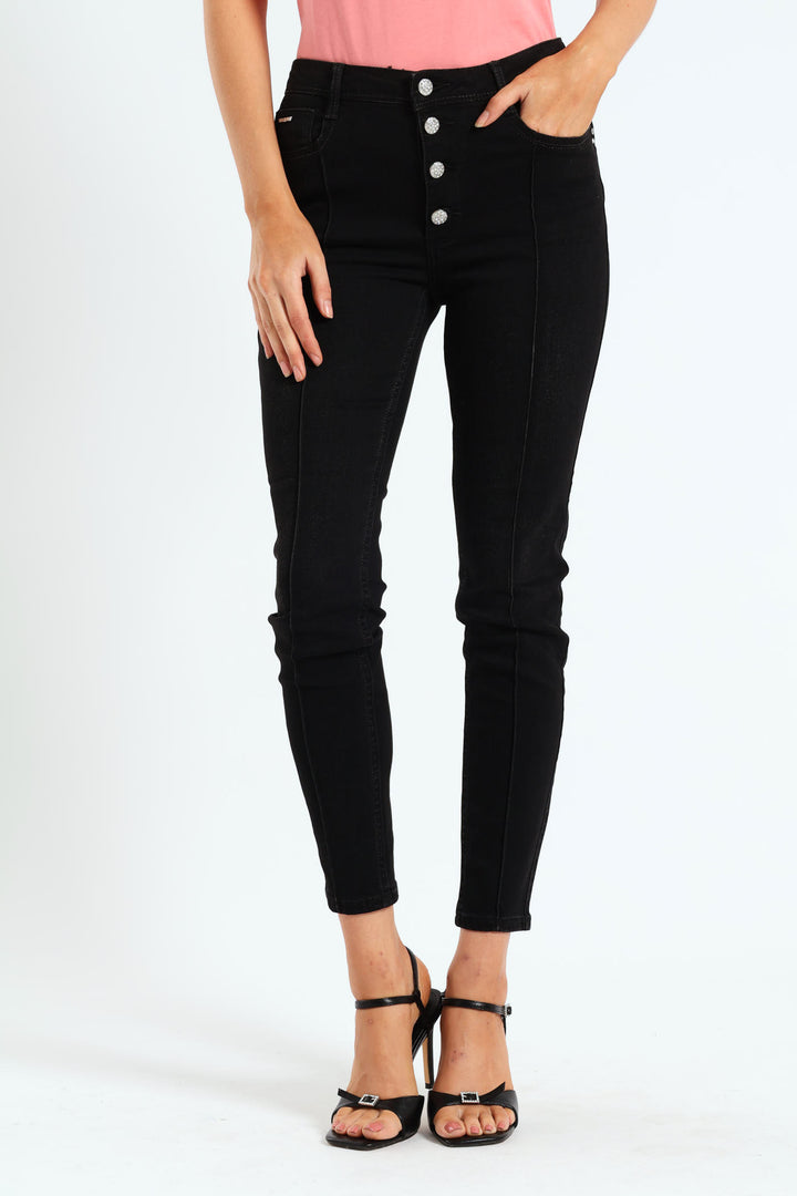 Mid Waist Skinny Denim With Pintuck And Exposed Buttons - Black