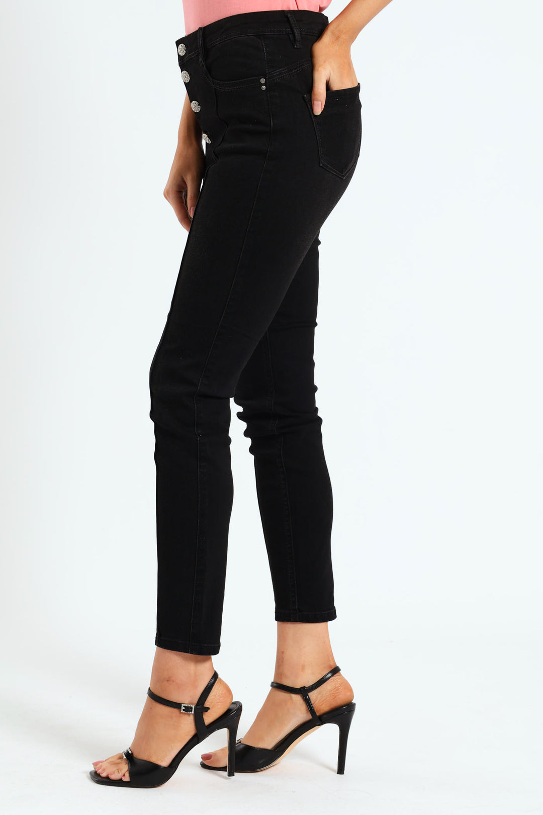 Mid Waist Skinny Denim With Pintuck And Exposed Buttons - Black