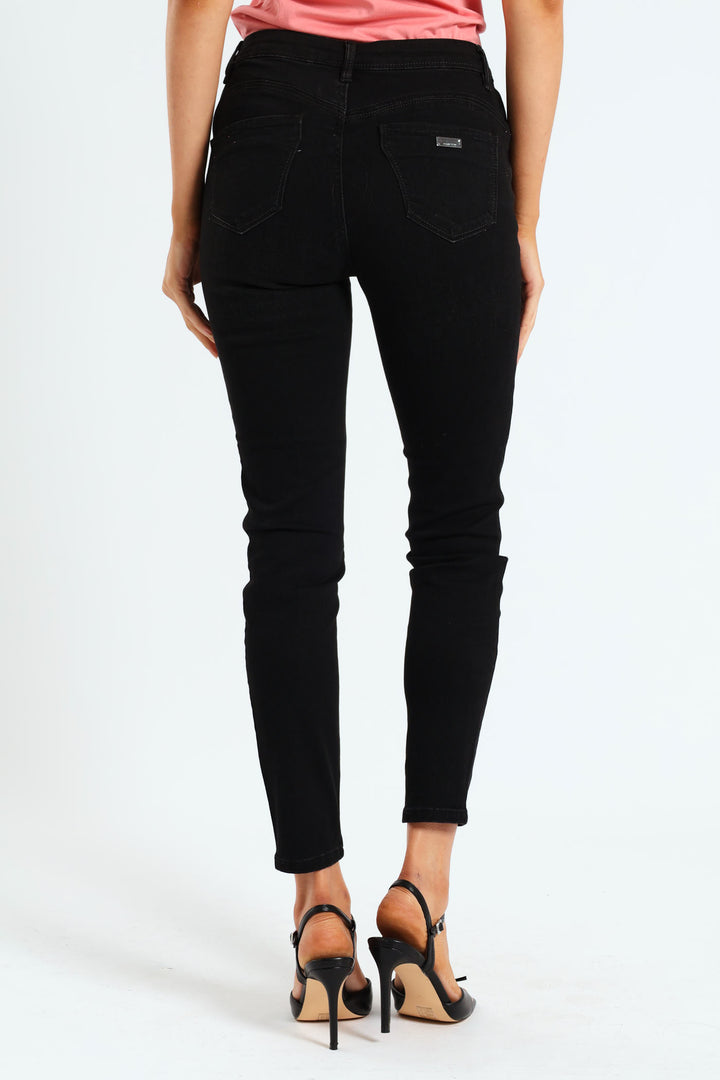 Mid Waist Skinny Denim With Pintuck And Exposed Buttons - Black