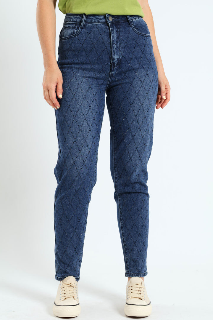 Argyle Embellished Mom Jean - Dark Wash Ink