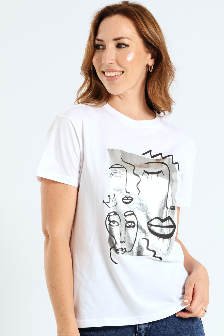 Abstract Faces Foil Tee - White