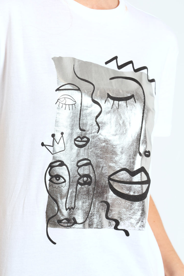 Abstract Faces Foil Tee - White