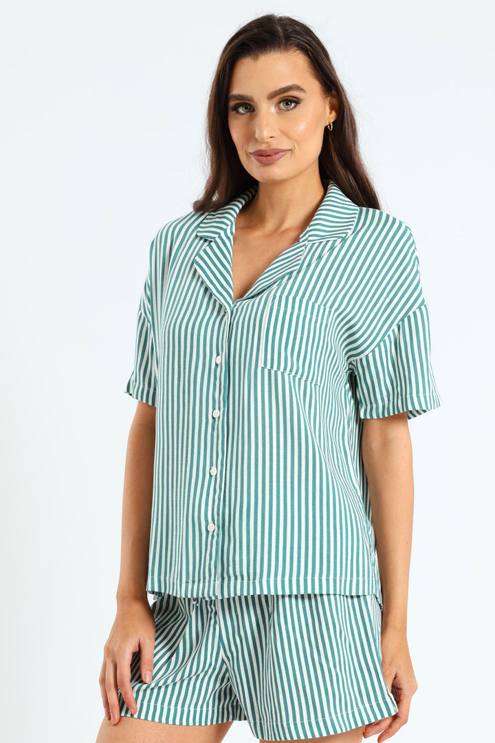 Button Through Linen Stripe Short Set - White/Green