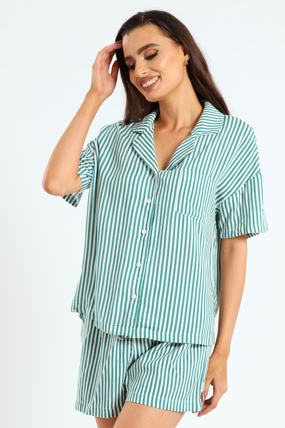 Button Through Linen Stripe Short Set - White/Green