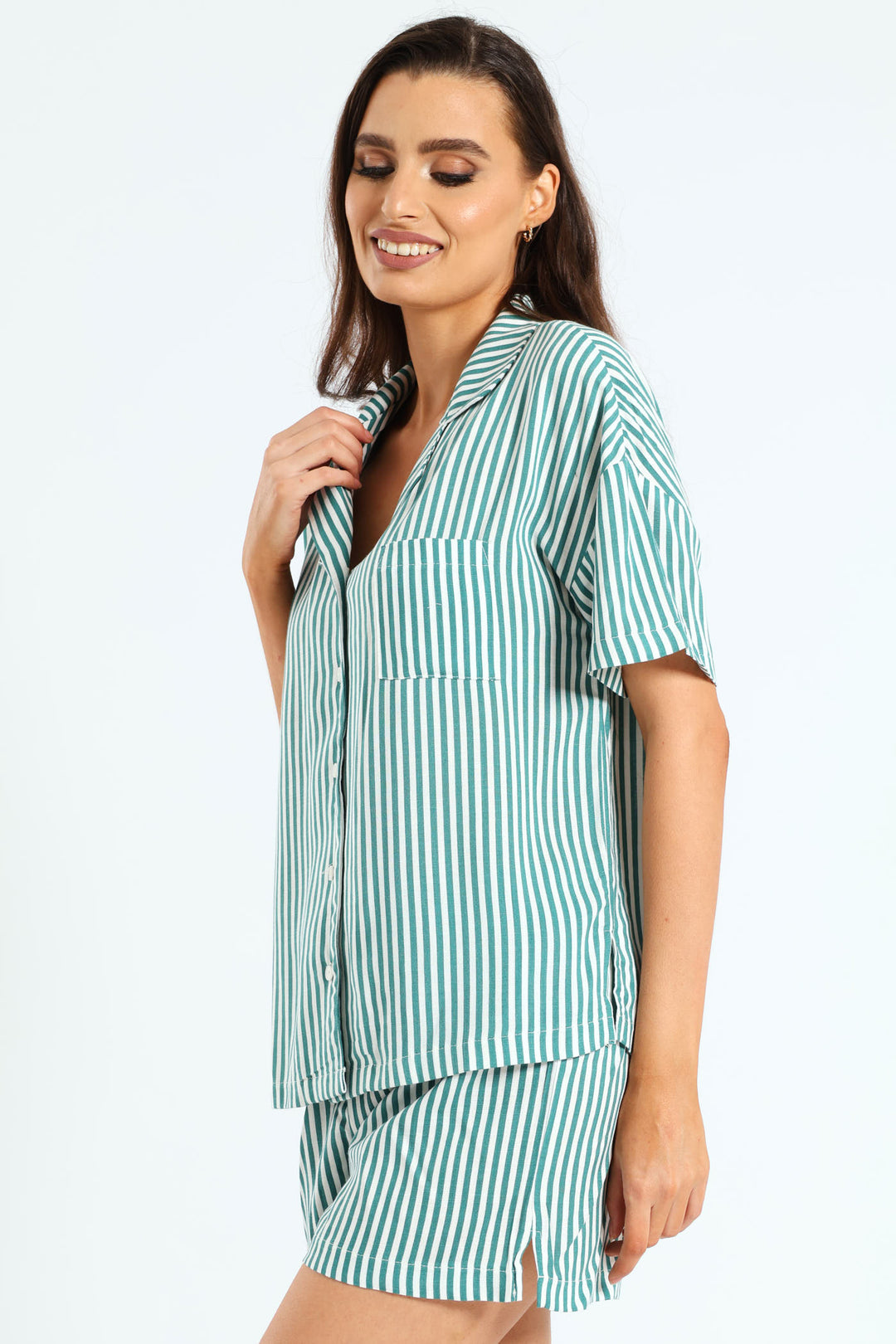 Button Through Linen Stripe Short Set - White/Green