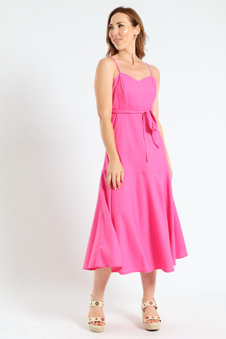 Strappy Fit & Flare Belted Maxi Sundress - Bright Pink