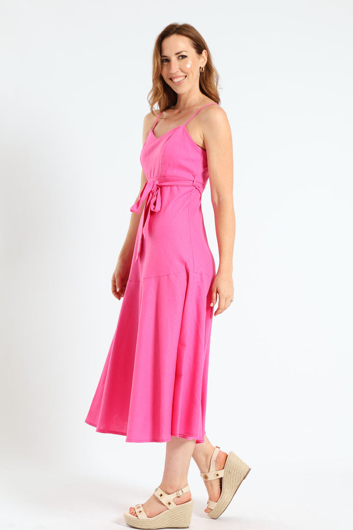 Strappy Fit & Flare Belted Maxi Sundress - Bright Pink