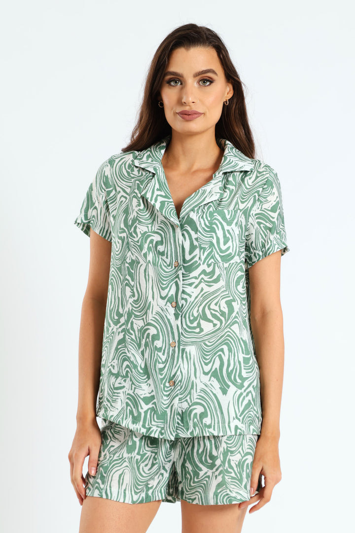 Button Through Wavy Print Short Set - White/Green