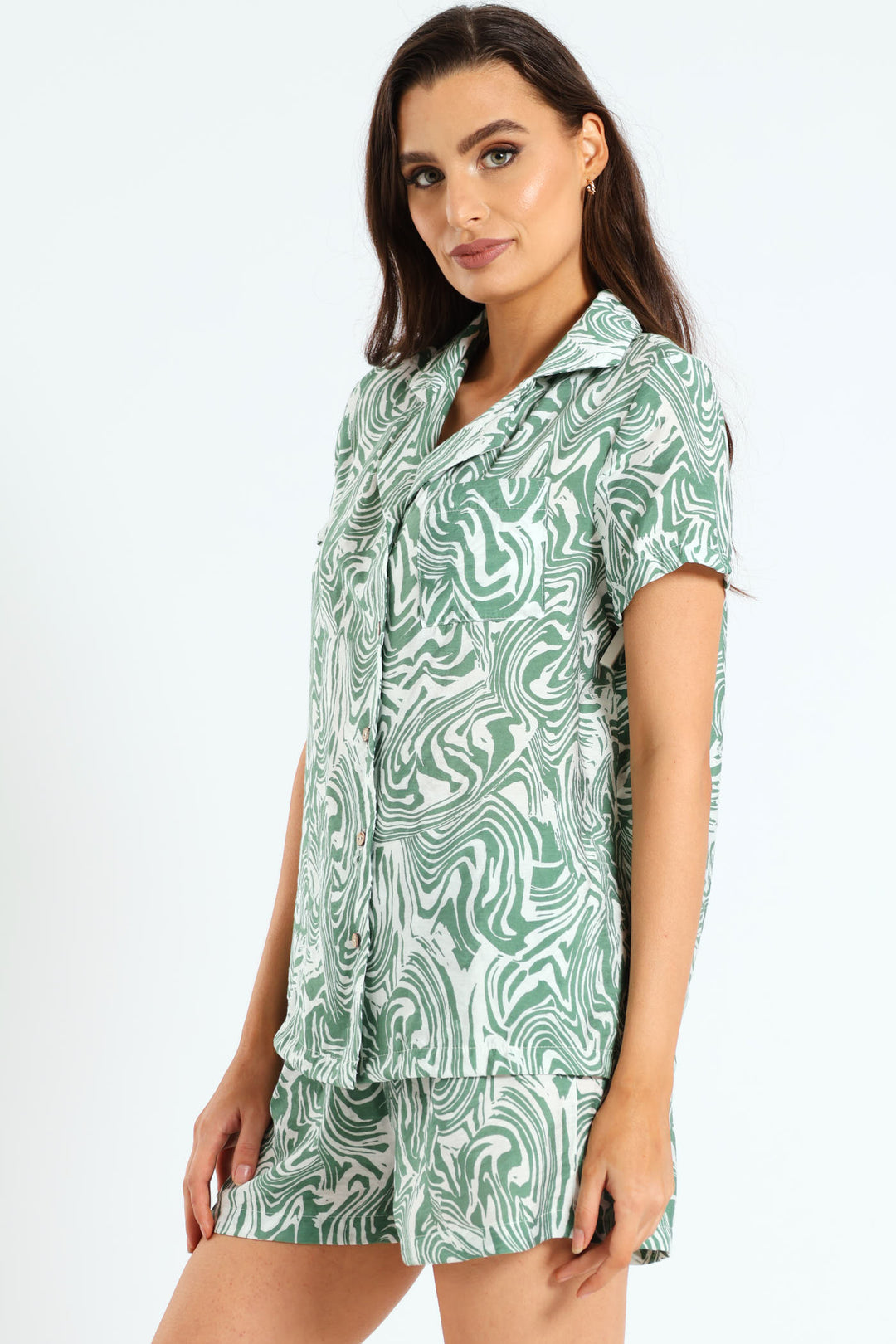 Button Through Wavy Print Short Set - White/Green