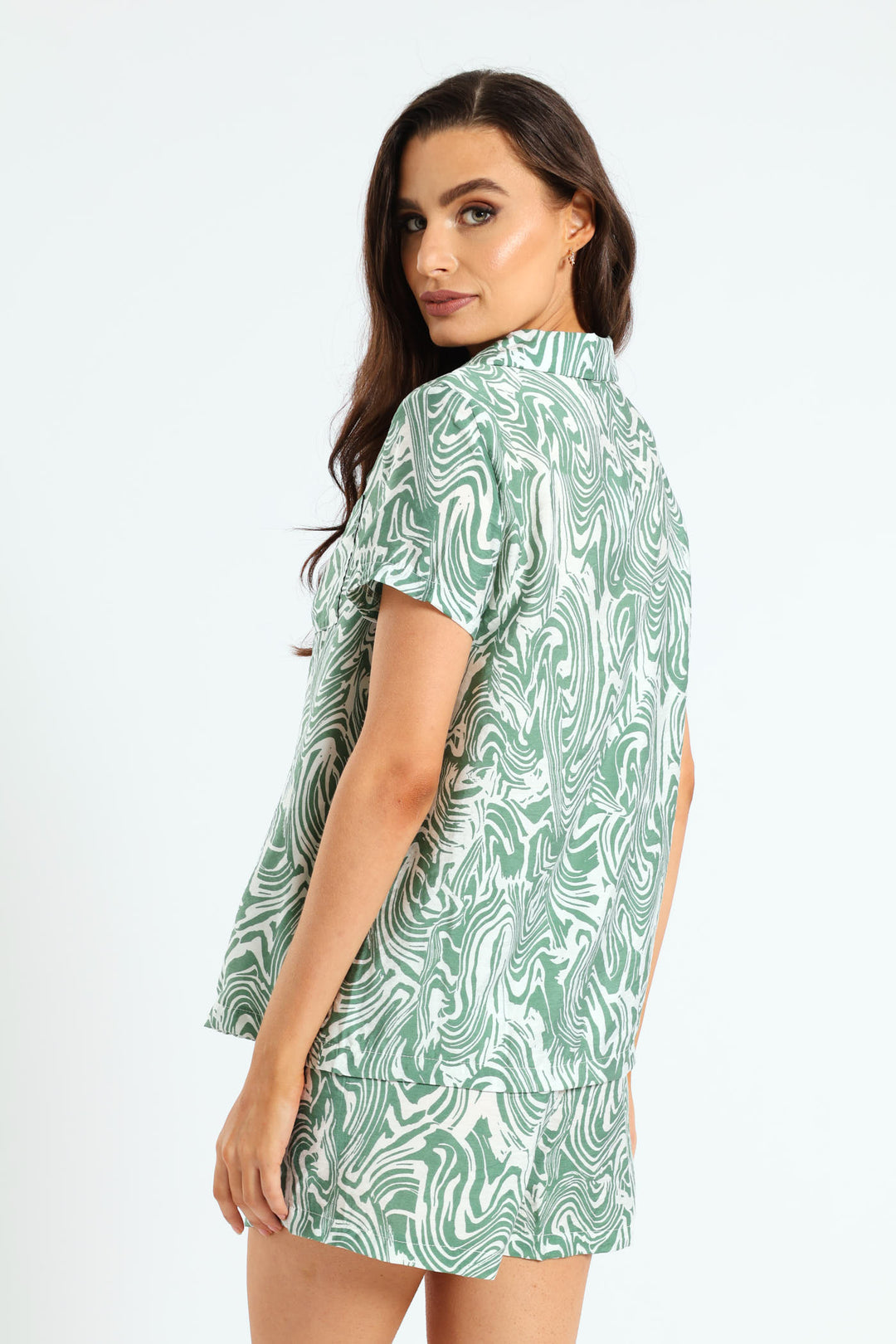 Button Through Wavy Print Short Set - White/Green