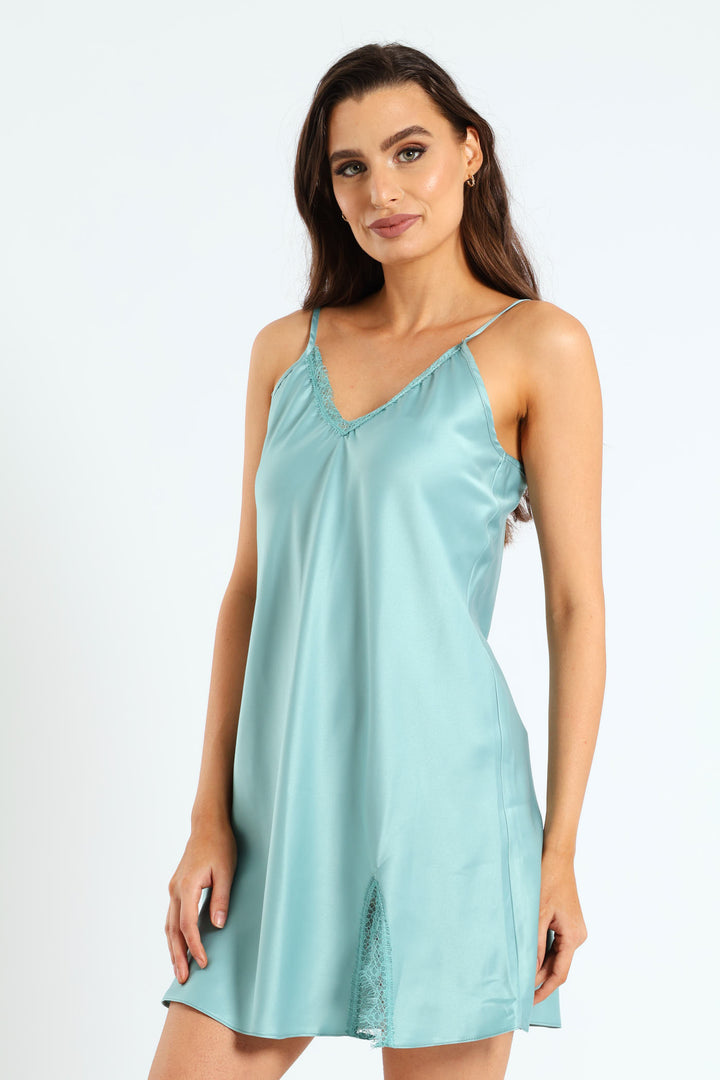 Single Satin Chemise With Lace Slit Detail