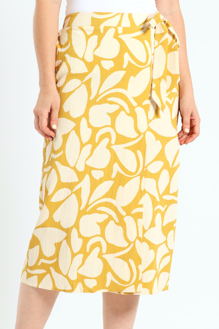 Mock Wrap A-Line Midi Skirt - Mustard/Cream