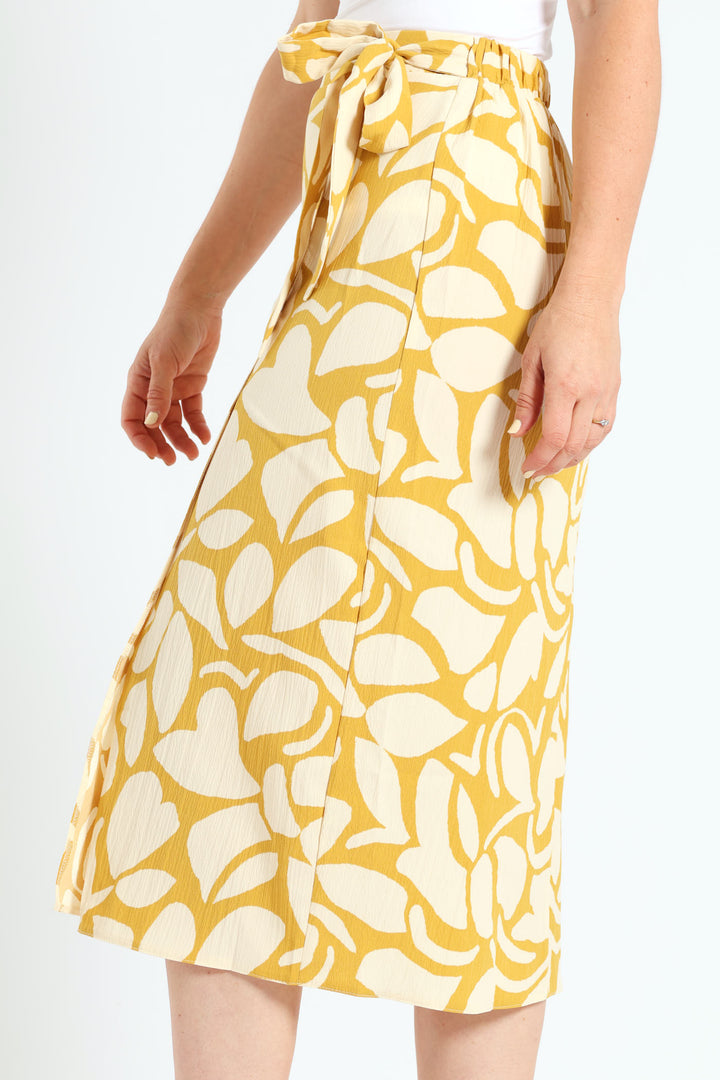 Mock Wrap A-Line Midi Skirt - Mustard/Cream