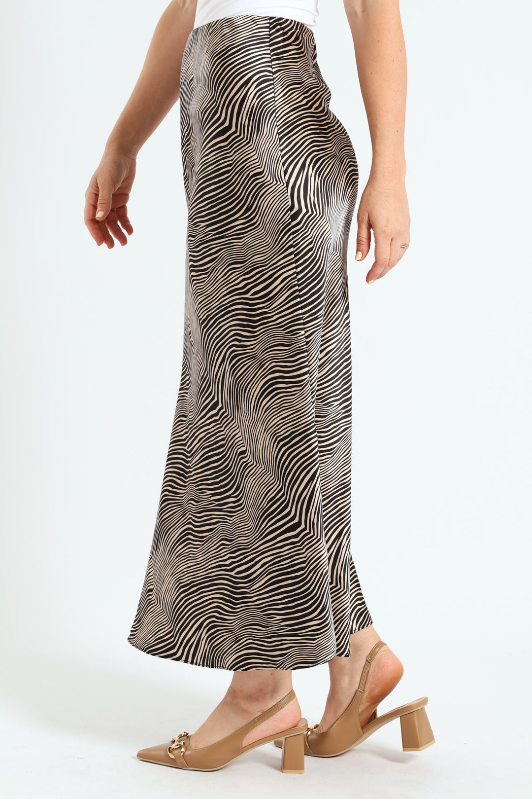 Zebra Satin Midi Slip Skirt - Black