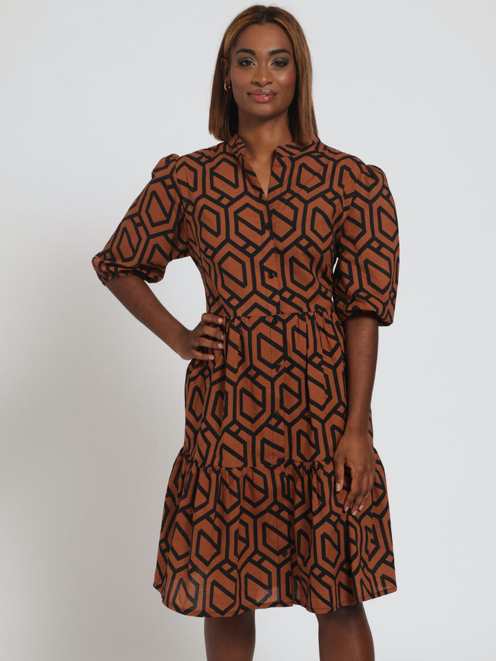 3/4 Sleeve Tiered Button Through Geo Dress - Black/Brown