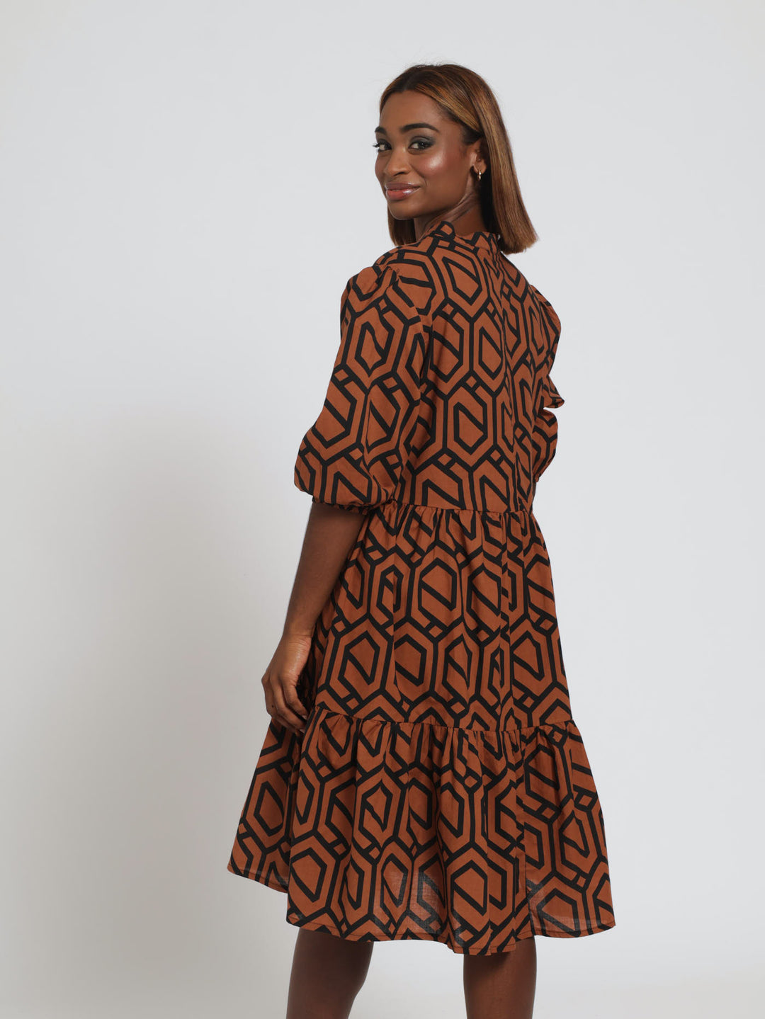 3/4 Sleeve Tiered Button Through Geo Dress - Black/Brown