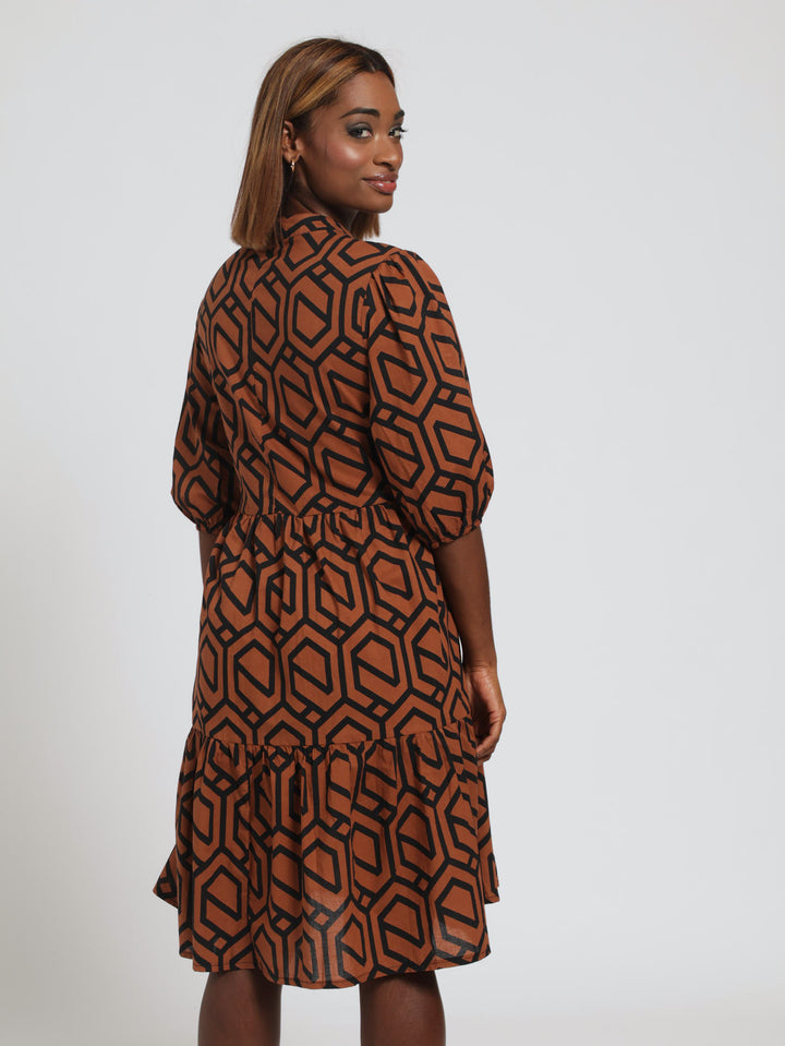 3/4 Sleeve Tiered Button Through Geo Dress - Black/Brown