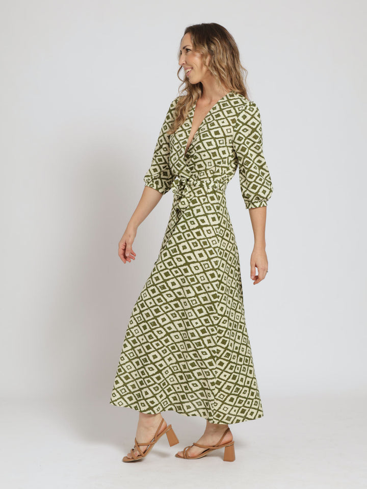 Long Sleeve Mock Wrap Geo Maxi Dress