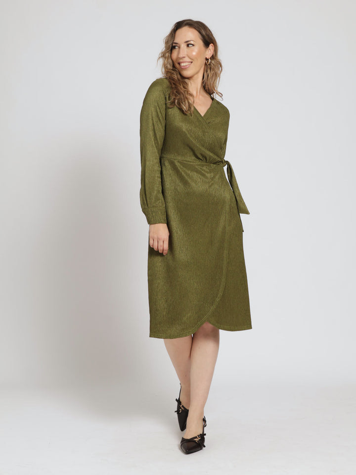 Collared Wrap Crinkle Midi Dress - Olive