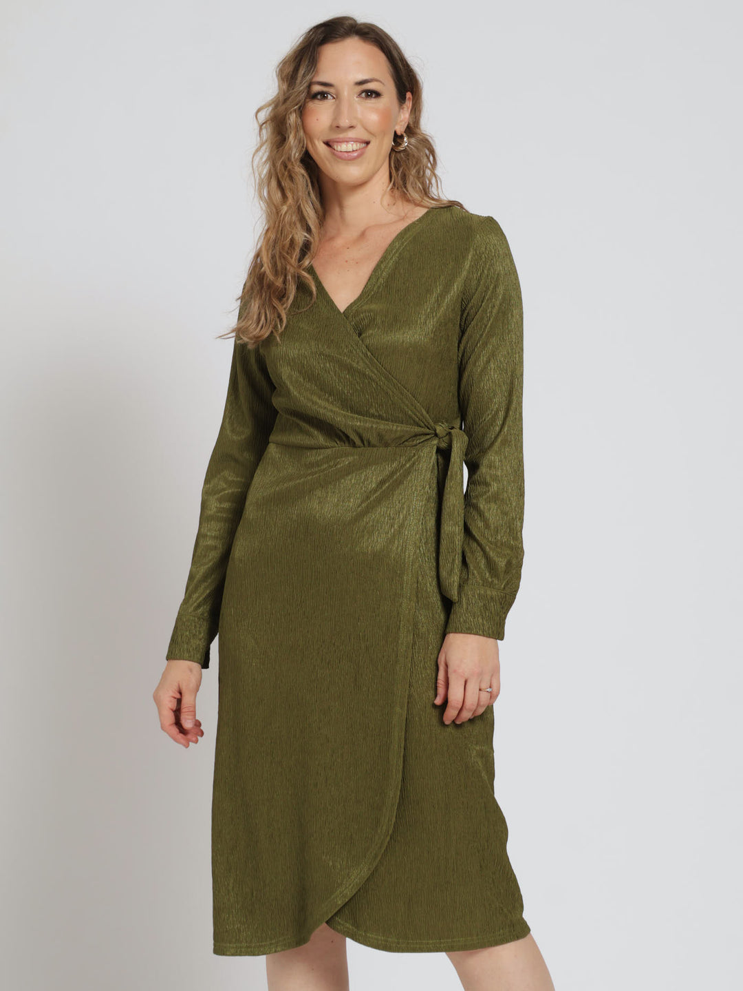 Collared Wrap Crinkle Midi Dress - Olive