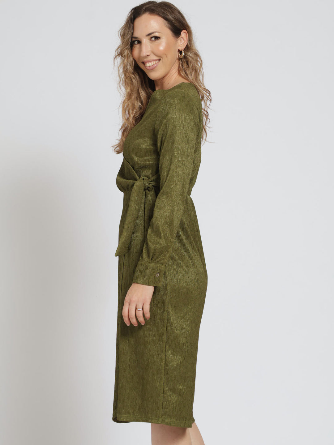 Collared Wrap Crinkle Midi Dress - Olive