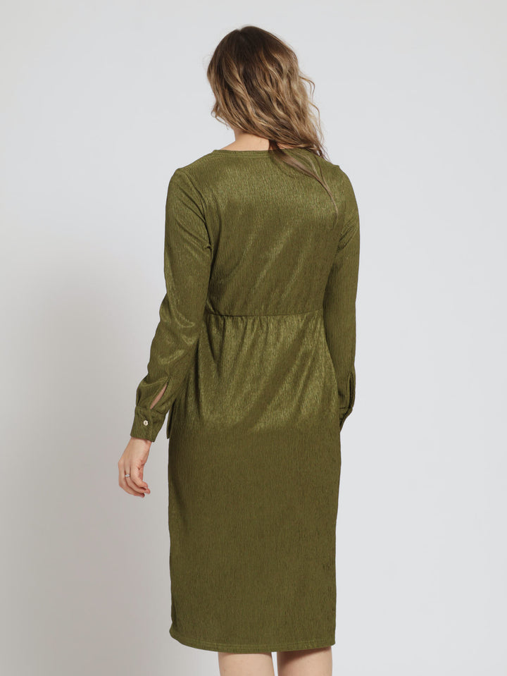 Collared Wrap Crinkle Midi Dress - Olive