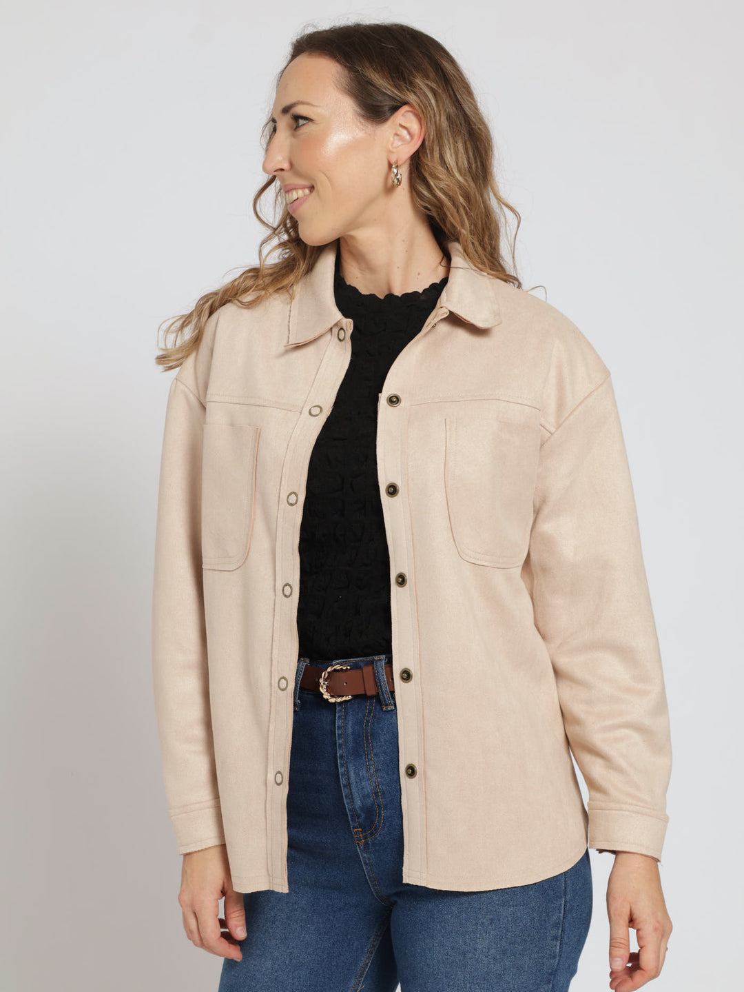 Long Sleeve Suede Shirt With Pockets - Stone