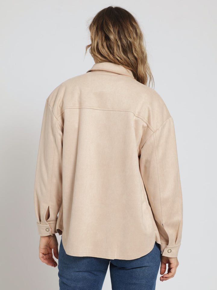 Long Sleeve Suede Shirt With Pockets - Stone