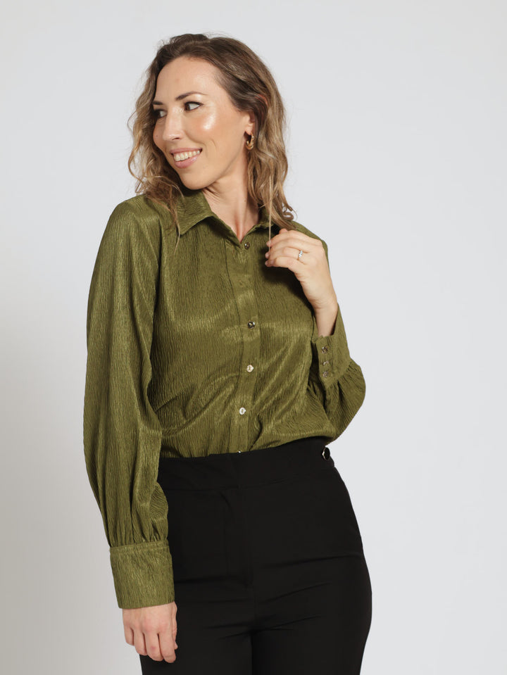 Long Sleeve Crinkle Shirt - Olive