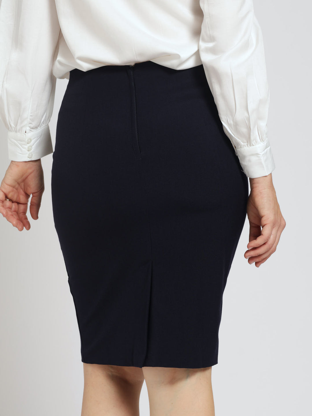 Ladies Square Trim Detail Pencil Skirt - Navy