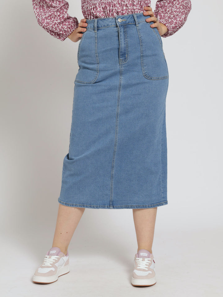 Utility Pocket Denim Pencil Midaxi Skirt - Light Wash