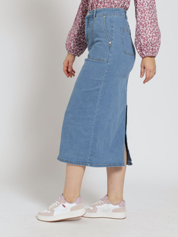 Utility Pocket Denim Pencil Midaxi Skirt - Light Wash