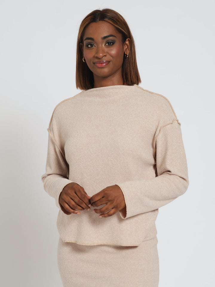 Long Sleeve Hi-Neck Boxy Pullover - Oatmeal