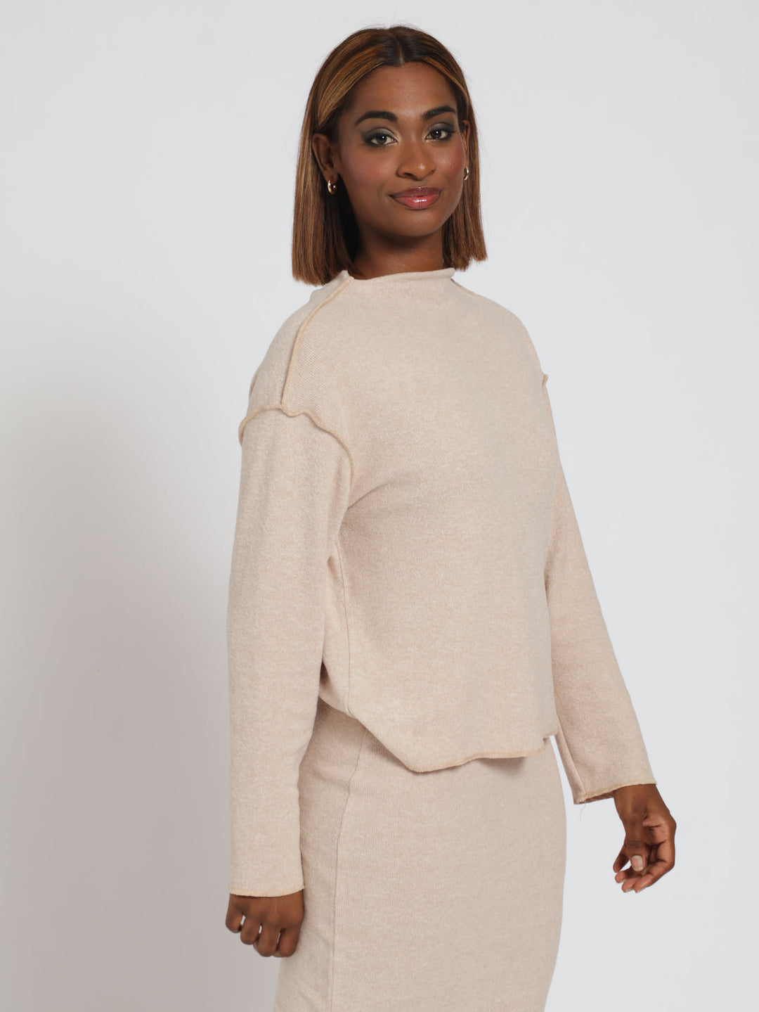 Long Sleeve Hi-Neck Boxy Pullover - Oatmeal