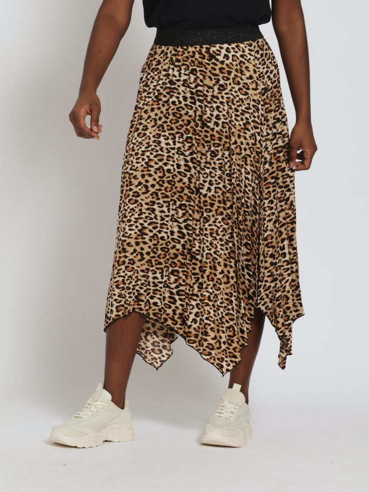 Animal Pleated Midi Skirt With Rib Waistband - Animal