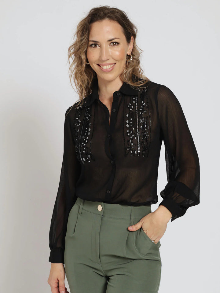 Long Sleeve Beaded Sequin Applique Shirt - Black